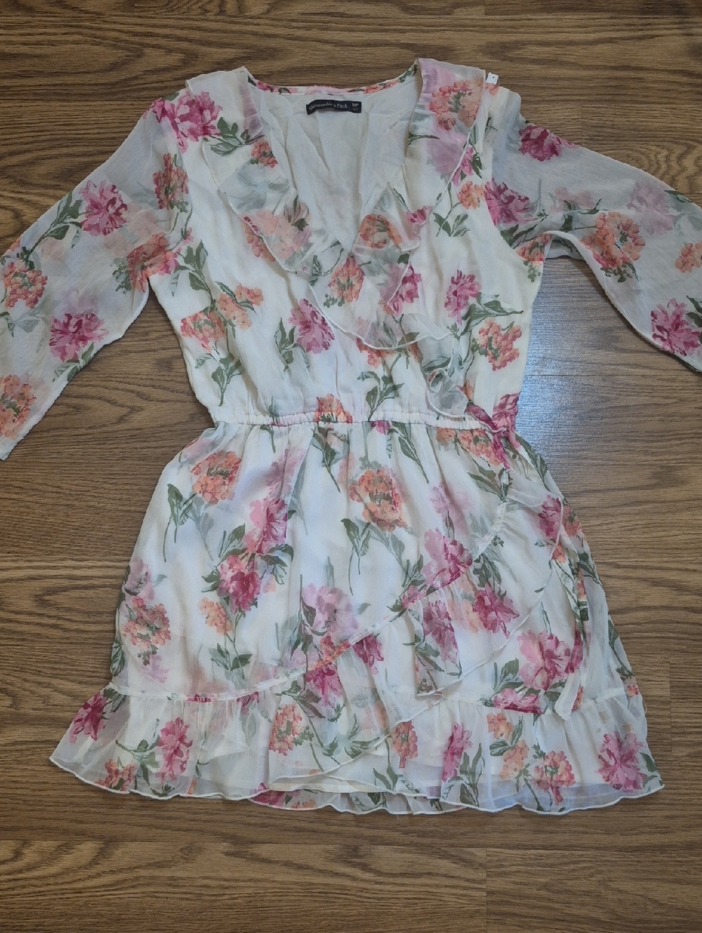 Abercrombie & Fitch White Floral Ruffle Mini Dress with Pink & Peach Blooms